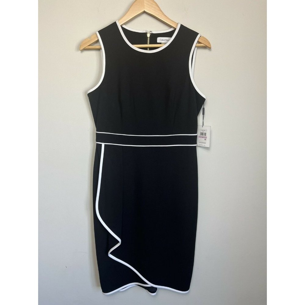 NWT-Calvin Klein Womens Black Sheath Dress White Piping Size 6 NWT